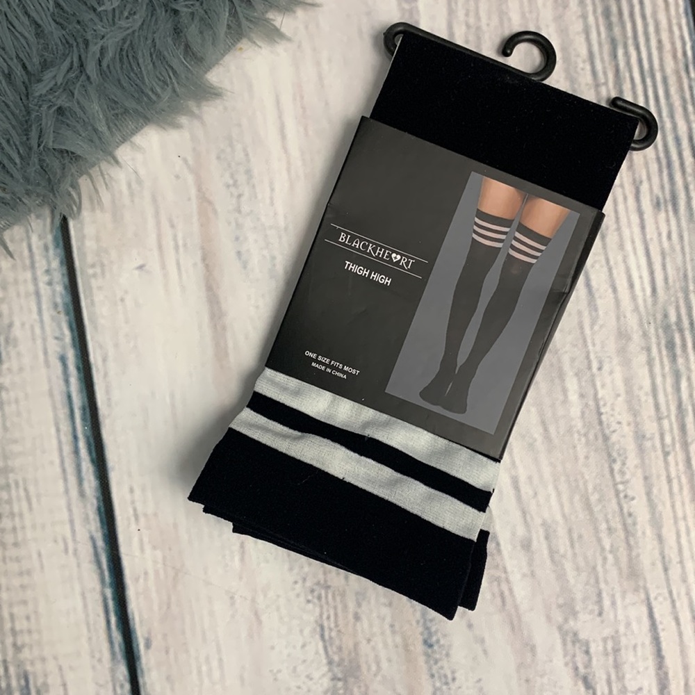 🦋Blackheart Thigh High Black Stockings with 3 White Stripes